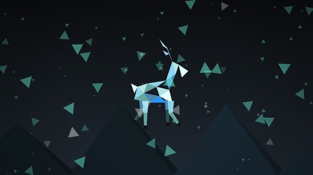 Low Poly Geometric Winter Deer Walking in Abstract Polygon Snowstorm