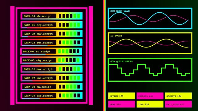 Digital infrastructure code scripting interface displaying glowing server rack status bars with sine wave graphs and data metrics on a dark screen in neon colors