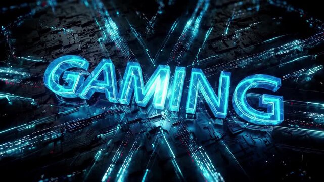 Glowing Gaming Text Pulses with Electric Energy Against Dark Circuit Board Background in Cinematic Digital Render