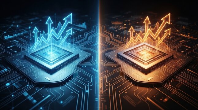 Split-screen semiconductor battle concept with two glowing processor dies on silicon wafers, circuit traces, rising stock arrows, and cool blue versus warm orange lighting.