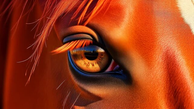Extreme macro photorealistic footage of a real horse's eye with a luminous light-brown iris
