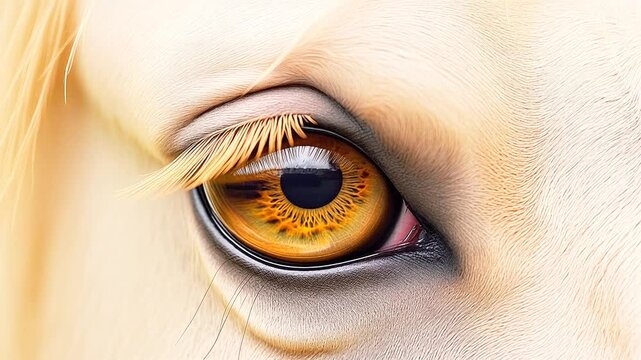 Extreme macro photorealistic footage of a real horse's eye with a striking golden-hazel iris
