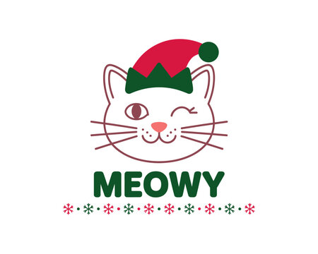 Cute cat wearing a Christmas elf hat with the word meowy