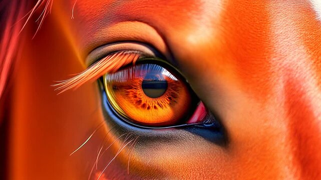 Extreme macro photorealistic footage of a real horse's eye with a beautiful warm amber-brown iris
