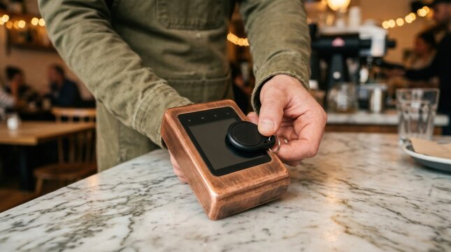 Hospitality operations tester in an olive green apron tapping a black RFID key fob against a brushed copper contactless card reader on a marble cafe tabletop.