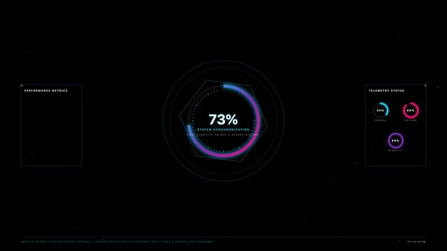 A dynamic digital HUD interface features a glowing neon central percentage ring and side data panels against a dark space background with soft atmospheric particle textures.
