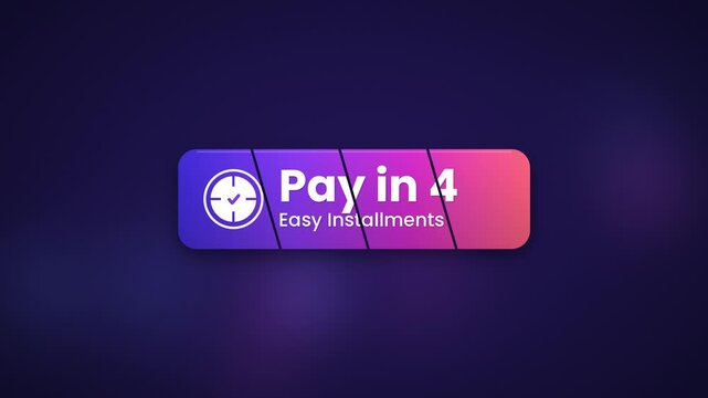 Animated Buy Now Pay Later banner with Pay in 4 easy installments text on a gradient background