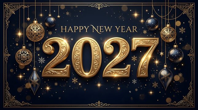 Elegant golden text design celebrating new year s day 2027 with festive ornaments and sparkling lights on dark blue background