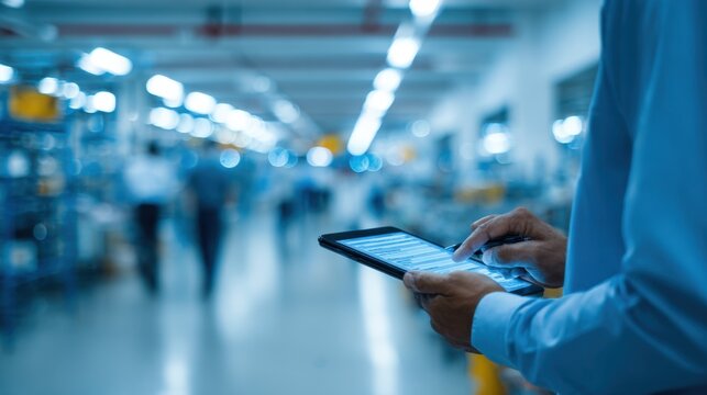 Focused medium shot of a person scrolling through corrective action checklists on a tablet blurred environment of busy office surroundings.