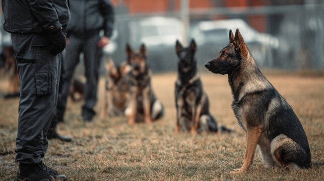 K9 police unit practices obedience commands with focused working dogs in a fenced training yard.