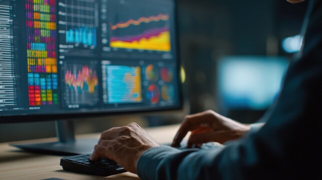 Medium shot capturing a coder adjusting labeling parameters on a computer with blurred charts and graphs in the background showcasing data annotation quality assurance.