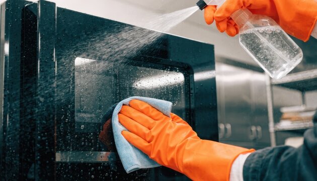 Worker spraying cleanser onto a rental microwave door and wiping the surface with a cloth during appliance cleaning.