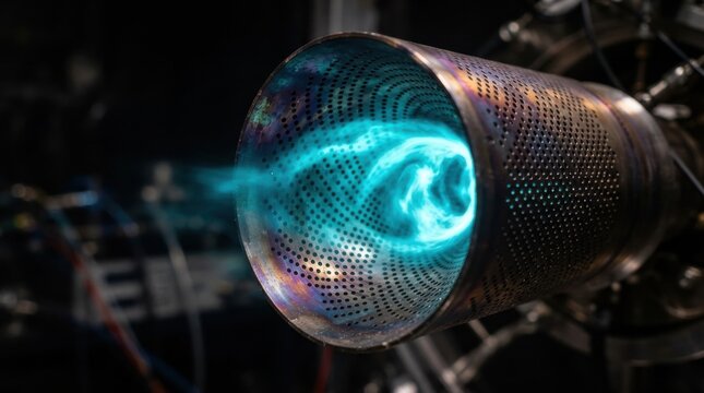 Experimental electric plasma thruster nozzle cone showing cyan thermal ionization glow, laser-drilled cooling orifices, and heat-tinted titanium alloy.