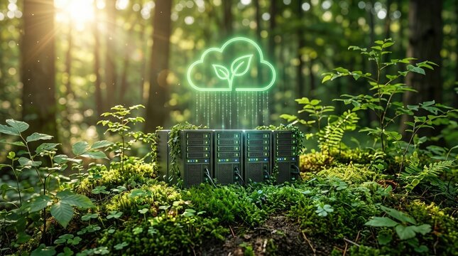 Green cloud computing servers integrated with forest ecosystem under sunlight with vegetation while emitting digital servers blend cloud data streams