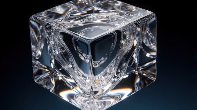 Glowing translucent crystal cube floats in dark space. Internal energy currents flow through glass facets. Abstract light shapes move inside geometric shape. Cinematic atmosphere with liquid motion,