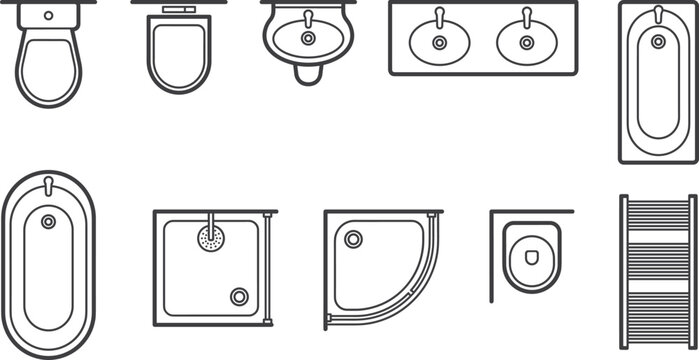 Bathroom Sanitary Ware Outline Vector Icon Set with Toilet Sink Bathtub and Shower Designs
