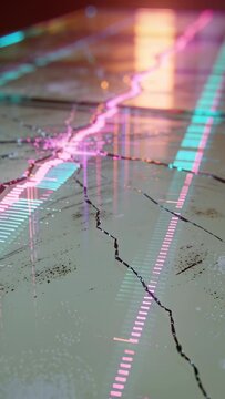 Vertical video: Pulsing fracture moving after magenta trace rising in studio close-up