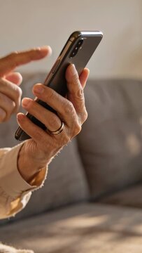 Vertical video: Tapping senior hands in sleeve as finger approaching phone on sofa, showing rings