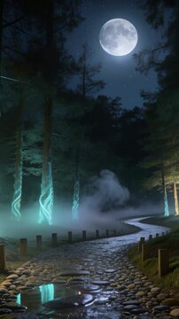 Vertical video: Curving cobble path moonlit, mist drifting while teal spirals mirroring in puddles