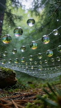Vertical video: Tilting camera revealing web droplets refracting pine trees over mossy forest floor