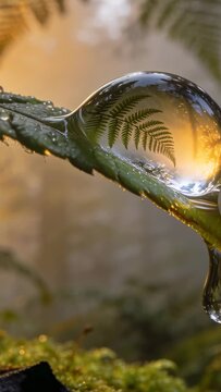 Vertical video: Shifting drop elongating from slight shift toward falling on fern tip over moss