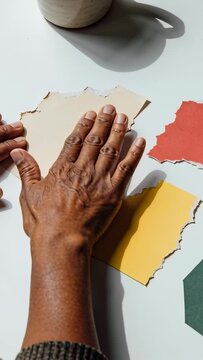 Vertical video: Placing right hand pressing, aligning paper swatch on desk for layout knit cuff
