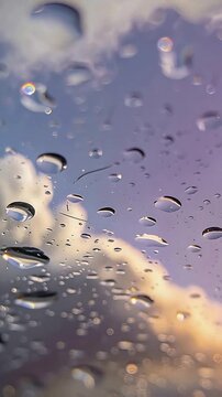 Vertical video: Showing raindrops merging and sliding on glass pane, sun breaking through clouds