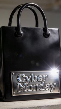 Vertical video: Shining light hitting black bag casting flare to show Cyber Monday plaque in studio