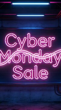 Vertical video: Starting on timer, neon stroke tracing Cyber Monday Sale sign on shutter, cyan tube