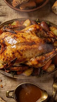 Vertical video: Releasing steam from heat, whole roasted chicken sitting on platter with gravy boat