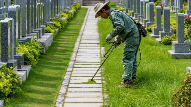 Memorial park groundskeeper trims grass along a stone pathway between granite grave markers, maintaining a peaceful cemetery.