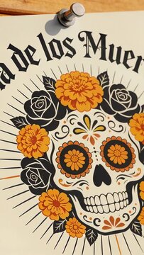 Vertical video: Panning camera showing Dia Muertos poster on wood to reveal skull, marigolds, pin