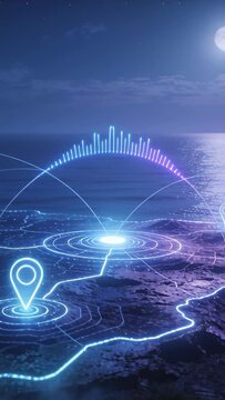 Vertical video: Receiving signal starting digital map pulsing over coast at night, activating hub