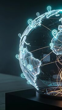 Vertical video: Powering hologram globe rotating on lab base, pulsing cyan pins, wires for network
