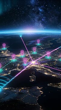 Vertical video: Sending teal beam into hub network lighting magenta pins across Europe routing data