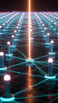 Vertical video: Rising orange beam, center node activating pillars to spread signal in cyan grid