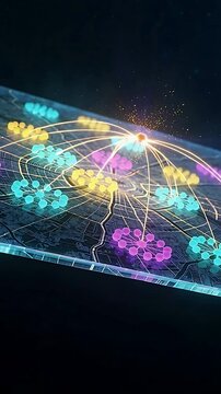 Vertical video: Appearing upper-right gold orb sending arcs on holo map striking nodes to connect