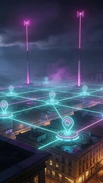 Vertical video: Rising camera, showing pulsing neon geo pins and grid on rooftop, mapping network