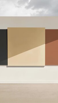 Vertical video: Sliding big beige square canvas down gallery wall centering between panels at start