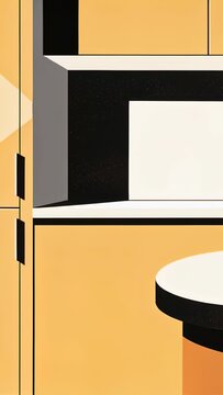 Vertical video: Panning camera showing oven cavity in mustard cabinets at kitchen, revealing stool