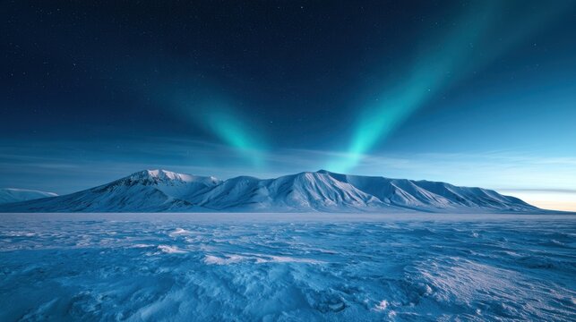 Green aurora northern lights above snow covered mountains and a frozen plain under starry sky, arctic landscape concept design artwork
