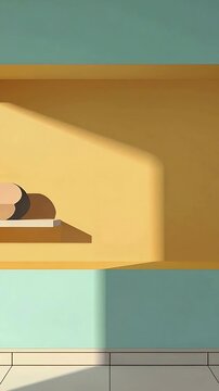 Vertical video: Light shifting across room, sun moving, shelf with two beige forms, copy space