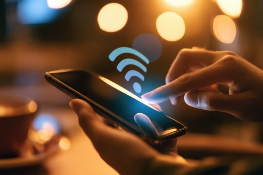 Hands holding a smartphone with a glowing wifi signal icon in warm cafe bokeh, wireless internet connection concept design artwork