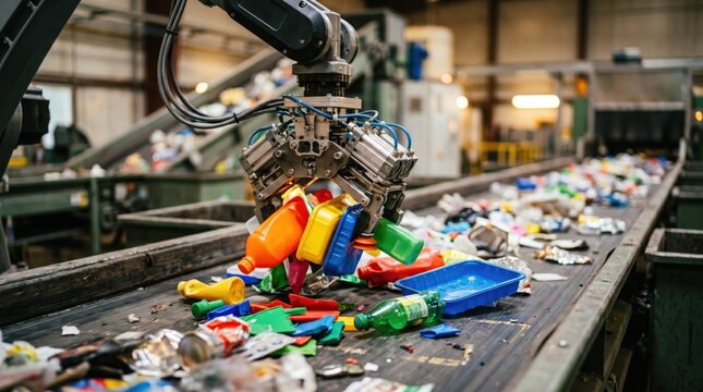 Robotic gripper isolating mixed recyclable items on conveyor vibrant plastics highlighted while rest of line softly fades out of focus in controlled lighting.