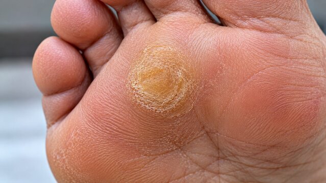 the underside of an adult foot showing a localized thick yellowish callus beneath the second metatarsal head. Realistic roughened keratinized skin with natural pressure patterns