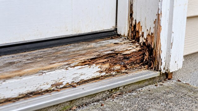 an older residential exterior door threshold showing localized wood rot along the lower wooden sill. Darkened softened timber, irregular deteriorated fibres, cracked peeling paint and slight moisture 