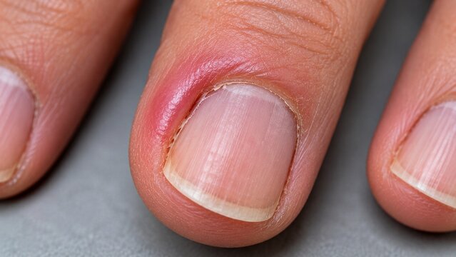 An adult middle finger showing early paronychia along one side of the nail fold. Localized pink-red swelling and slight tenderness suggested by taut skin, intact nail plate