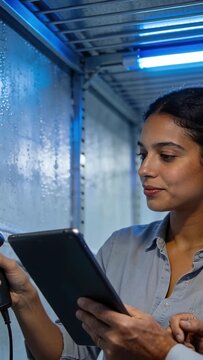 Vertical video: Entering tech in shirt with pad and scanner, checking moist cooler wall, copy space