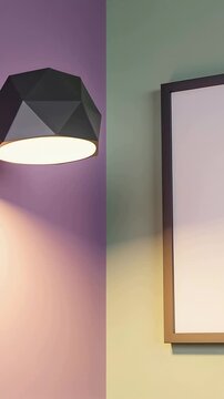 Vertical video: Frames showing black wall lamp pivoting lit head at corner, highlighting framed art
