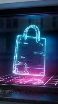 Vertical video: Appearing neon holo bag rotating, tilting on wall screen, with magenta grid, pixels